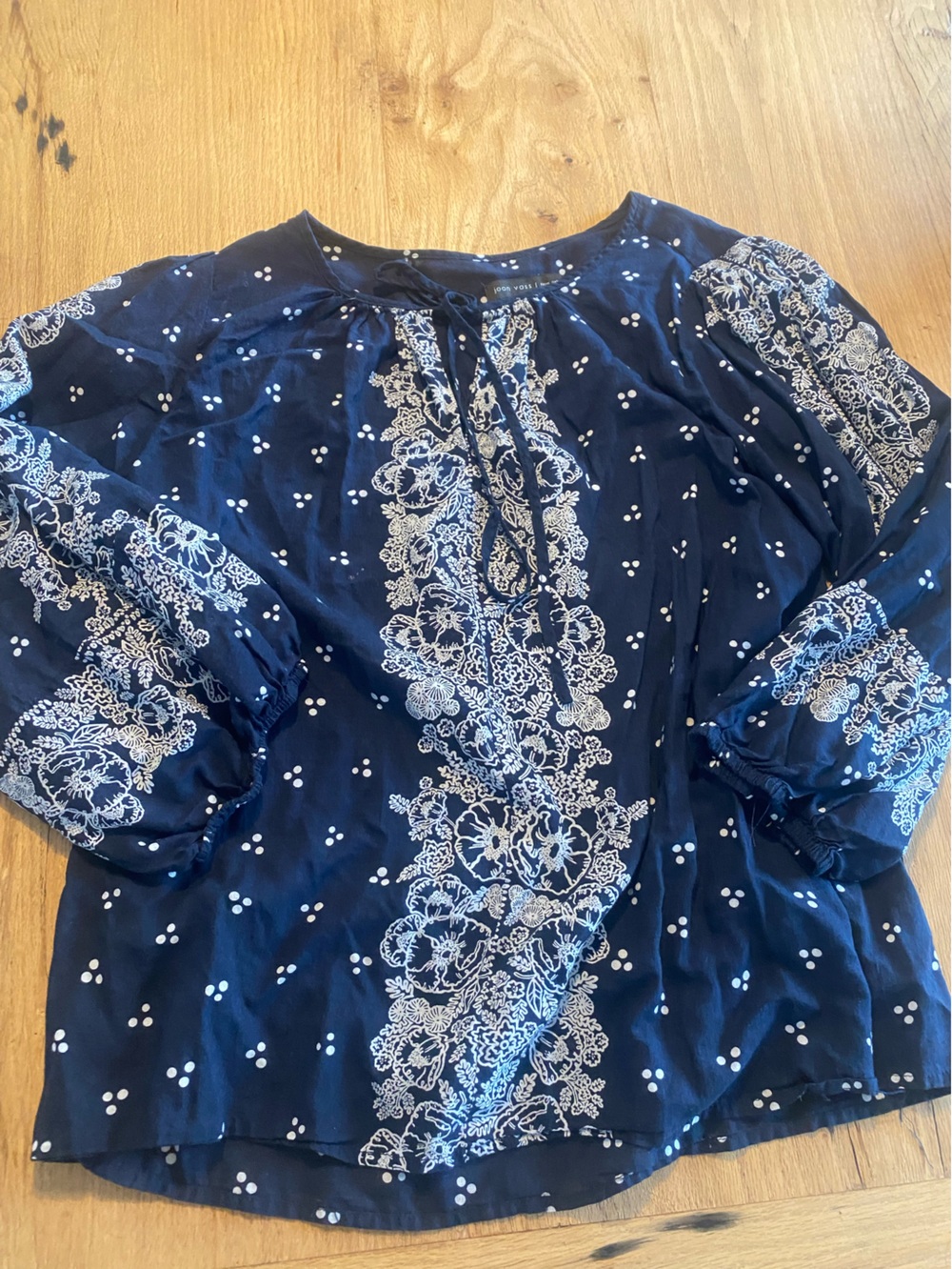 Joan Vass Navy Blue Embroidered Peasant Blouse